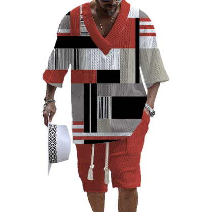 Men's V-Neck Luxury Colorblock Textured Print Shorts Set 159