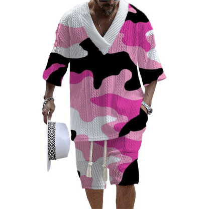 Men's V Neck Luxurious Textured Print Shorts Set 202