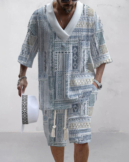 Men's V Neck Luxurious Textured Print Shorts Set 206