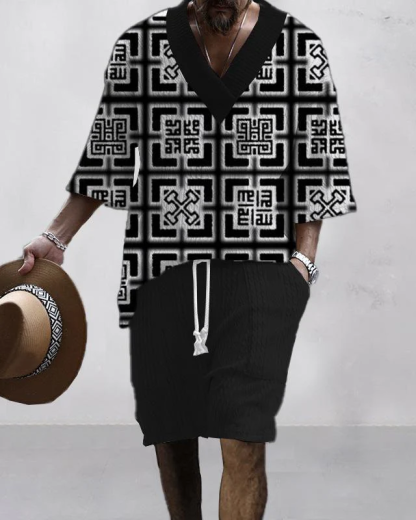 Men's V-Neck Luxury Colorblock Textured Print Shorts Set 173