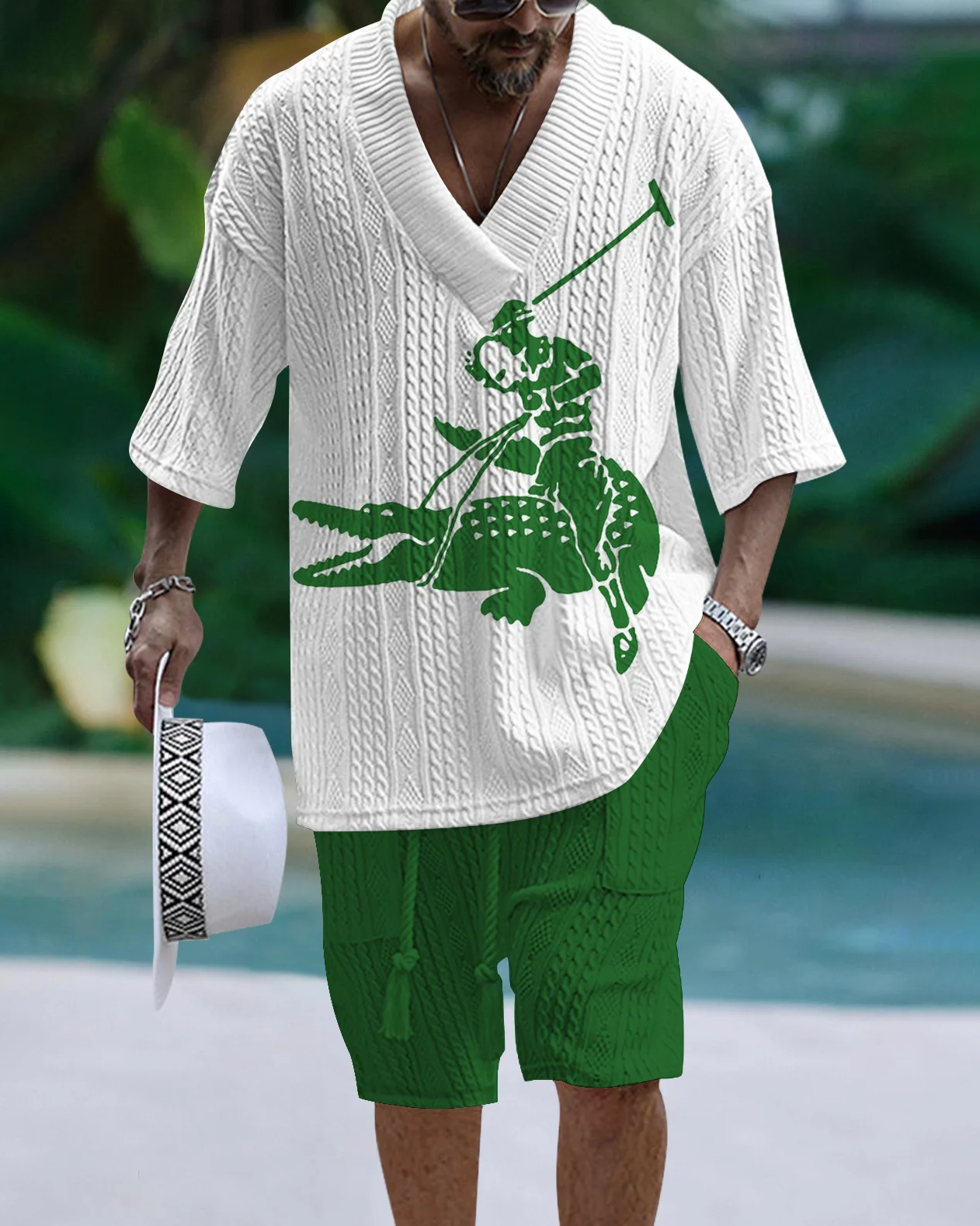 Men's V Neck Luxurious Textured Print Shorts Set 267