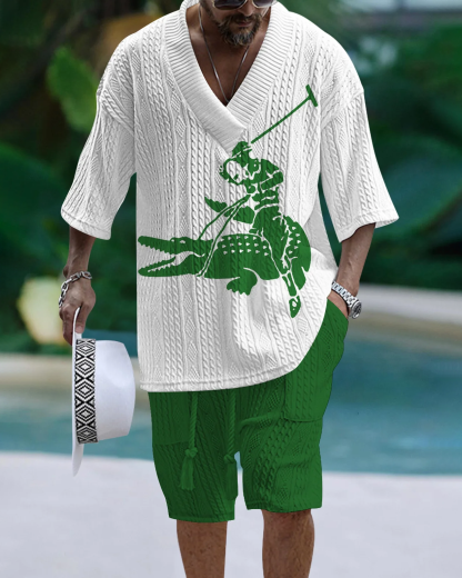 Men's V Neck Luxurious Textured Print Shorts Set 267