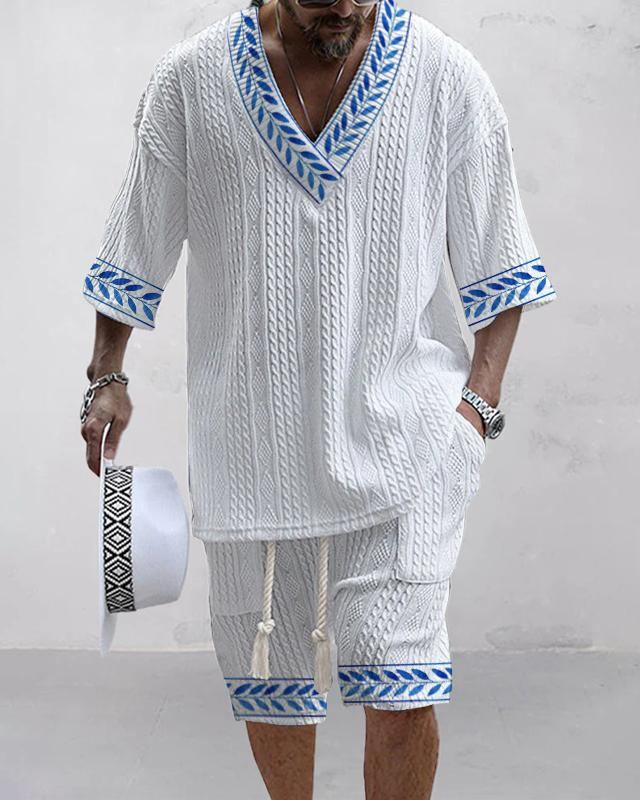 Men's V-Neck Luxury Colorblock Textured Print Shorts Set 117