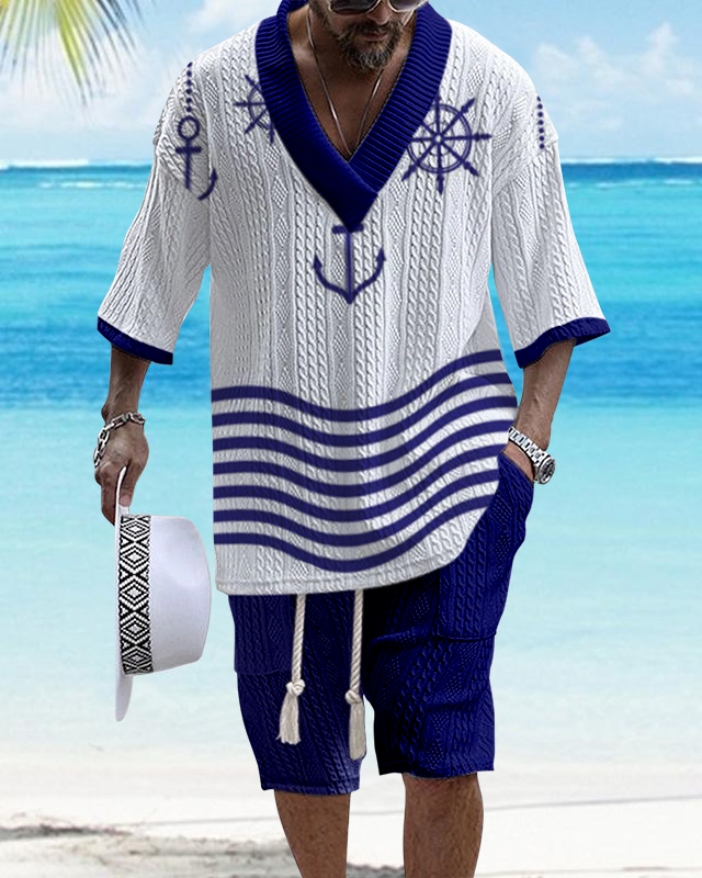 Men's V-Neck Luxurious Color Block Textured Exclusive Anchor Print Sho