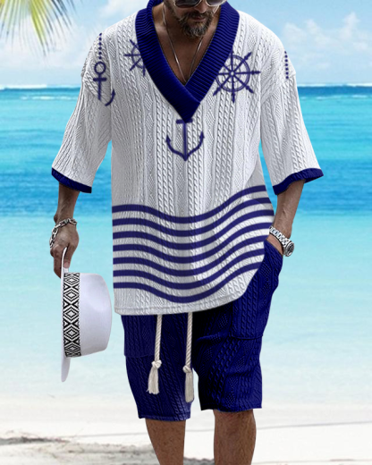 Men's V-Neck Luxurious Color Block Textured Exclusive Anchor Print Sho