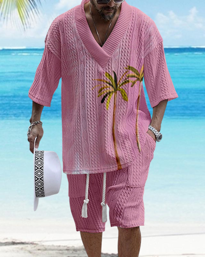 Men's V Neck Luxurious Textured Print Shorts Set 255