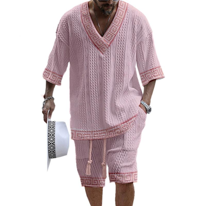 Men's V Neck Luxury Pink Textured Print Shorts Set 166