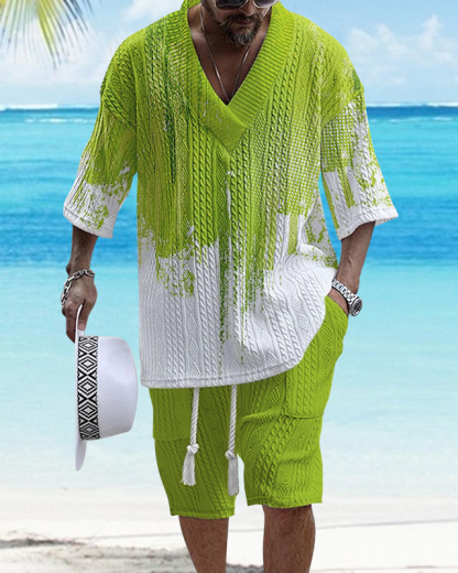 Men's V Neck Luxurious Textured Print Shorts Set 273