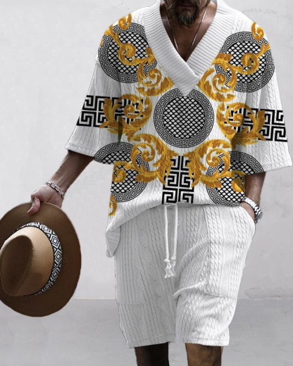 Suitmens Men's V-Neck Luxury Colorblock Textured Print Shorts Set 147