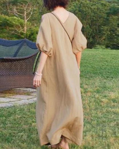 Women Half Sleeve Solid Loose Plus Size Casual Linen Dresses