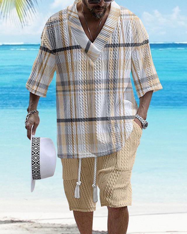 Men's V-Neck Luxury Colorblock Textured Print Shorts Set 126