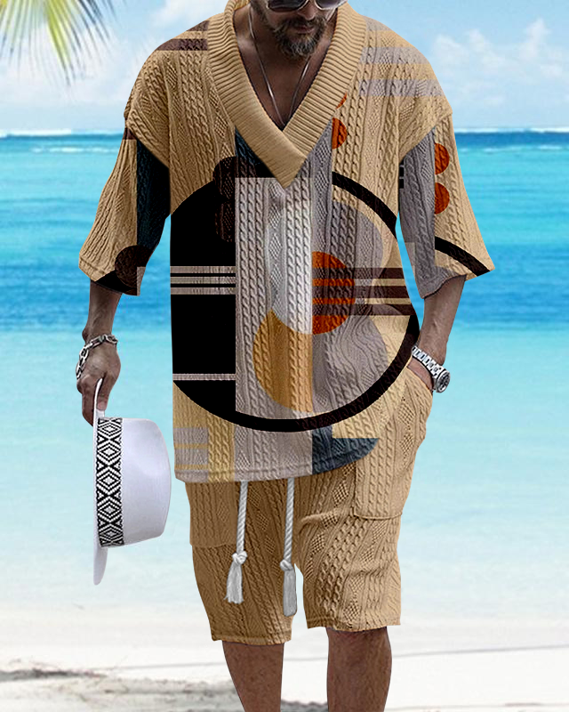 Men's V-Neck Luxury Colorblock Textured Print Shorts Set 123