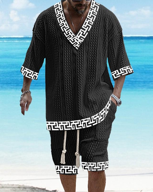 Men's V-neck luxury textured print shorts Set 024