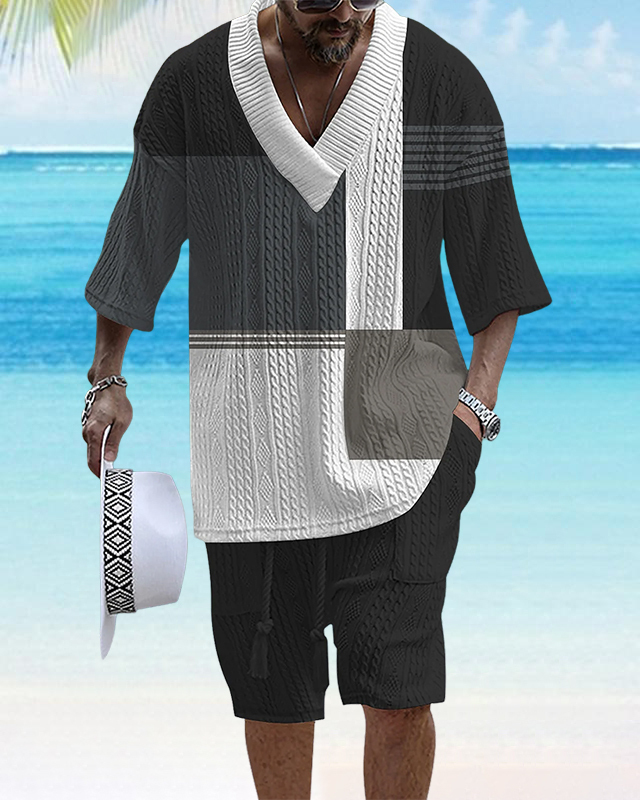 Men's V Neck Luxurious Textured Print Shorts Set 195