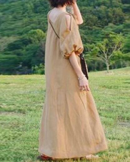 Women Half Sleeve Solid Loose Plus Size Casual Linen Dresses