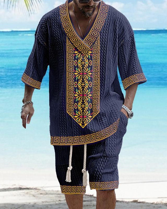 Men's V-neck luxury textured print shorts Set 58