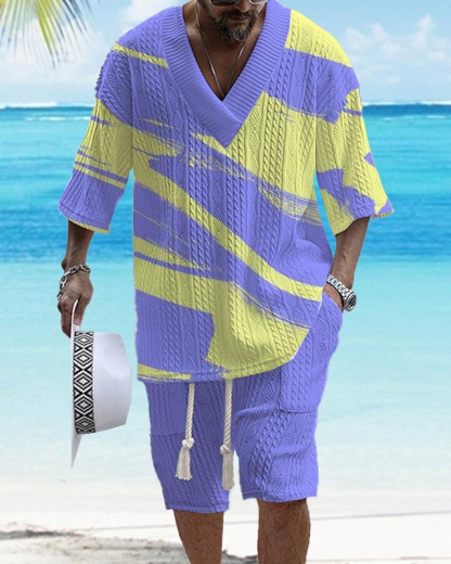 Men's V-neck luxury textured print shorts Set 003