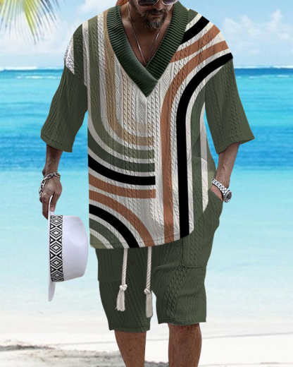 Men's V-Neck Luxury Color Block Check Textured Print Shorts Set