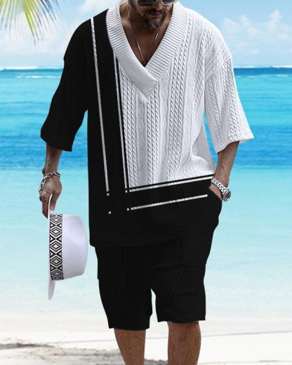 Men's V-Neck Luxury Colorblock Textured Print Shorts Set 138