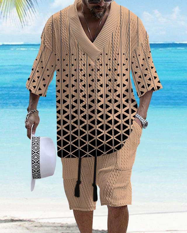 Men's V Neck Luxurious Textured Print Shorts Set 201