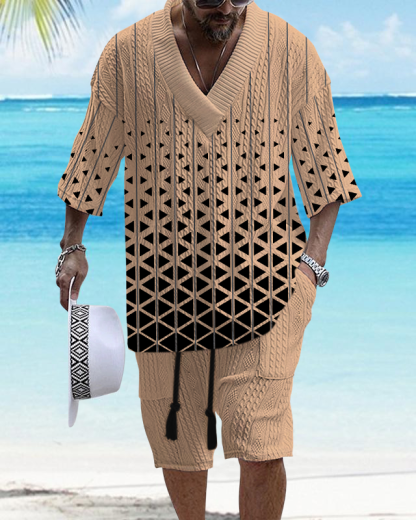 Men's V Neck Luxurious Textured Print Shorts Set 201