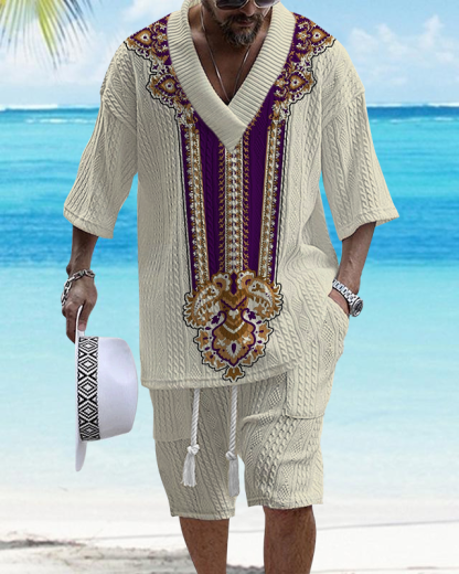 Men's V Neck Luxury Ethnic Textured Print Shorts Set 180