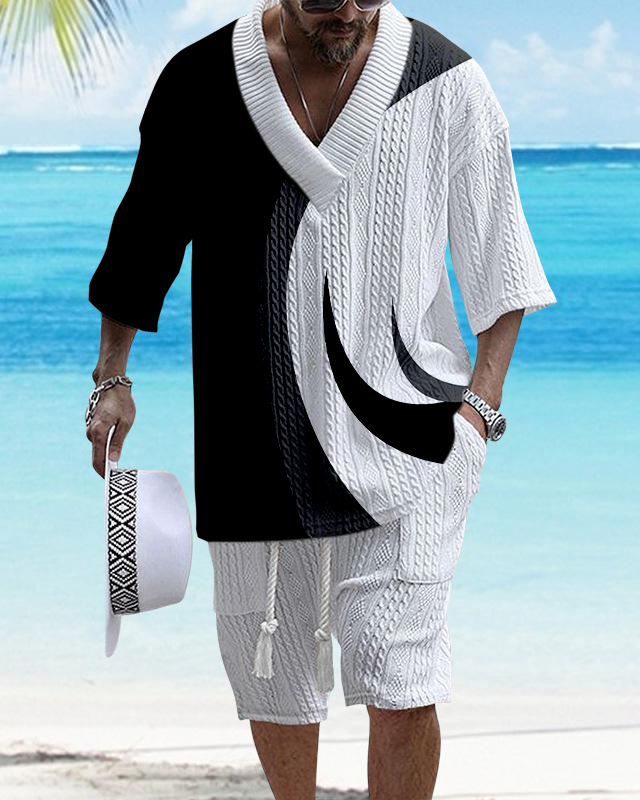 Men's V-Neck Luxury Colorblock Textured Print Shorts Set 131