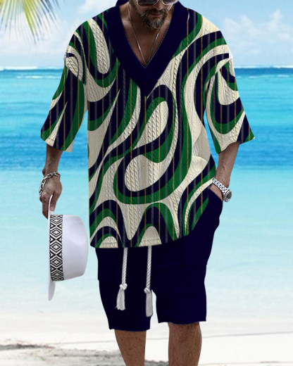Men's V Neck Luxurious Textured Print Shorts Set 268