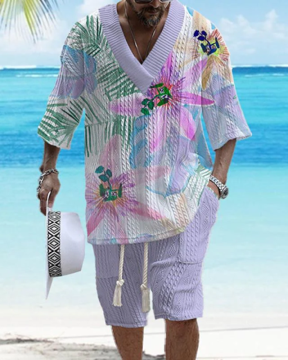 Men's V-neck luxury textured print shorts Set 86