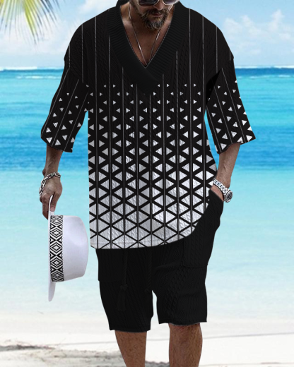 Men's V Neck Luxurious Textured Print Shorts Set 201