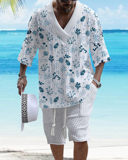 Men's V Neck Luxurious Textured Print Shorts Set 278