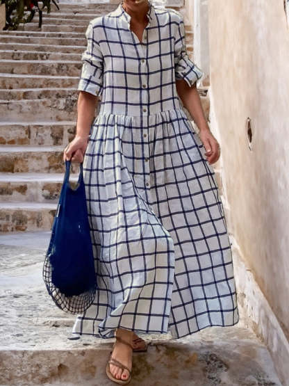 Casual Long Sleeve Cotton Linen Plaid Shirt Swing Dress