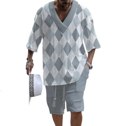 Men's V-Neck Luxury Colorblock Textured Print Shorts Set 160