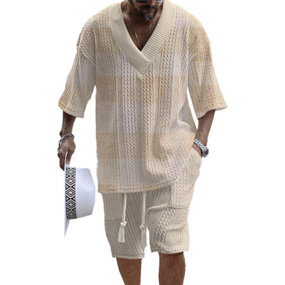 Men's V-neck luxury textured print shorts Set 004