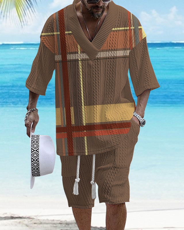Men's V-Neck Luxury Colorblock Textured Print Shorts Set 141