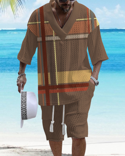 Men's V-Neck Luxury Colorblock Textured Print Shorts Set 141