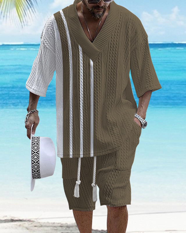 Men's V Neck Luxurious Textured Print Shorts Set 196