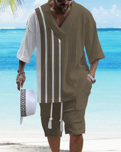 Men's V Neck Luxurious Textured Print Shorts Set 196