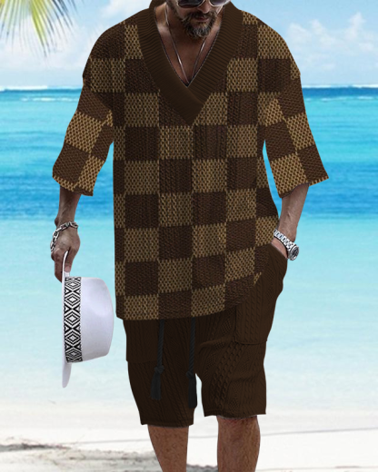 Men's V-Neck Luxury Check Print Textured Shorts Set 202