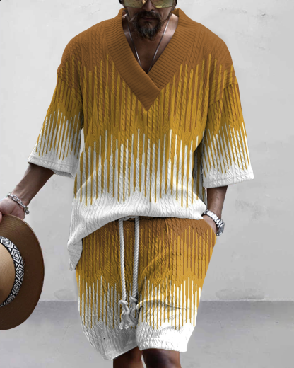 Men's V Neck Luxurious Textured Print Shorts Set 282