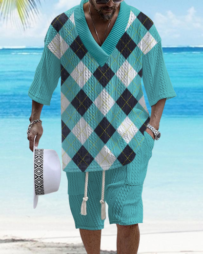 Men's V-Neck Luxury Color Block Check Textured Print Shorts Set