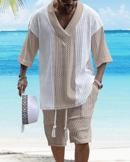Men's V Neck Luxurious Textured Print Shorts Set 230