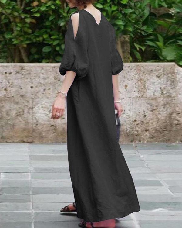 Women Half Sleeve Solid Loose Plus Size Casual Linen Dresses