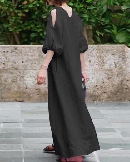 Women Half Sleeve Solid Loose Plus Size Casual Linen Dresses