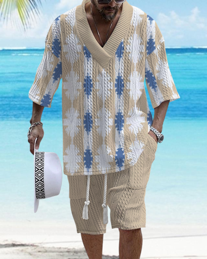 Men's V Neck Luxurious Textured Print Shorts Set 230