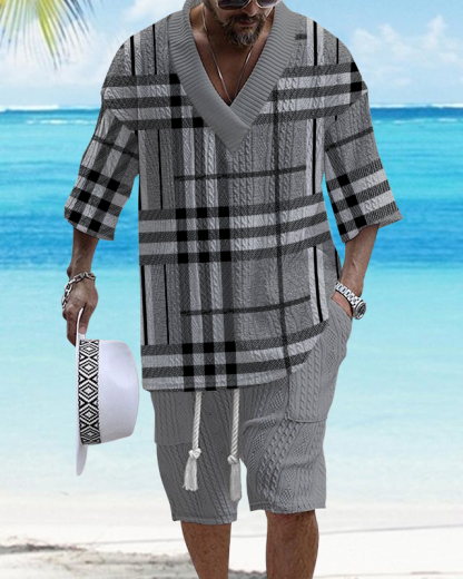 Men's V Neck Luxurious Textured Print Shorts Set 301