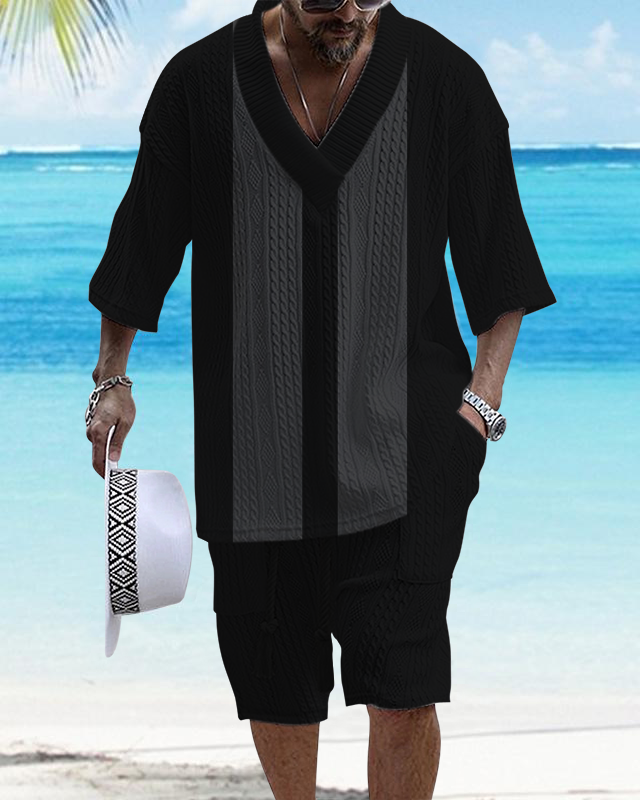 Men's V-Neck Luxury Colorblock Textured Print Shorts Set 137