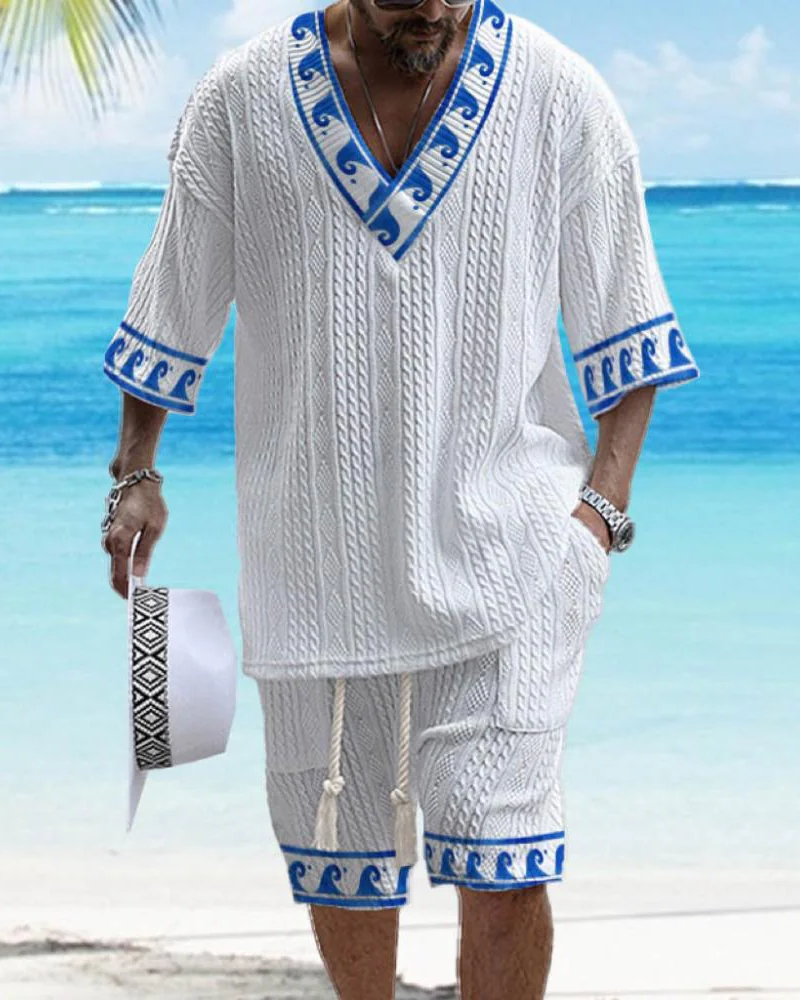 Men's V-Neck Luxury Colorblock Textured Print Shorts Set 113