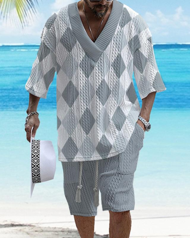 Men's V-Neck Luxury Colorblock Textured Print Shorts Set 160