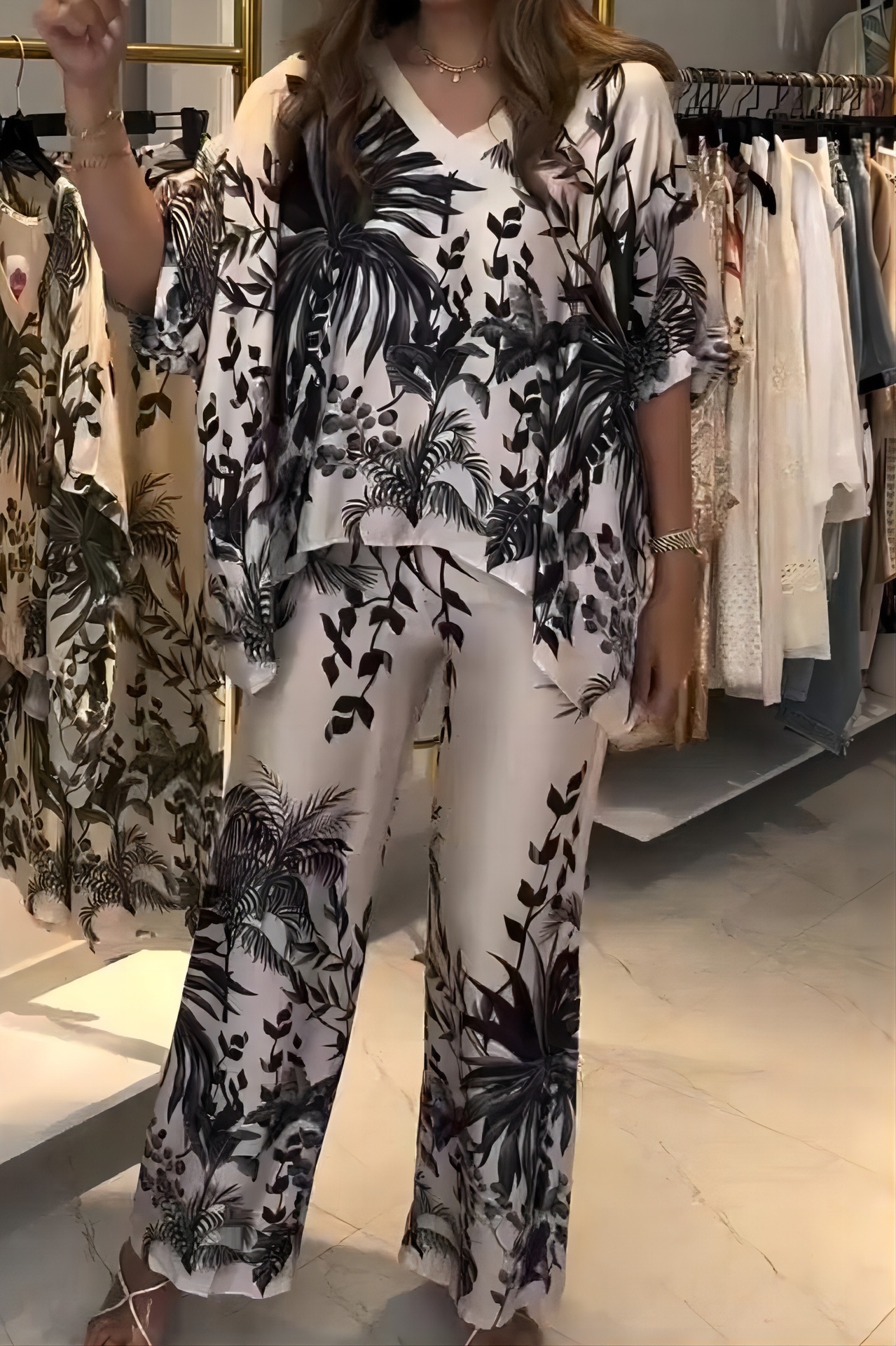 Leaf print V-neck three-quarter sleeve blouse and pants set